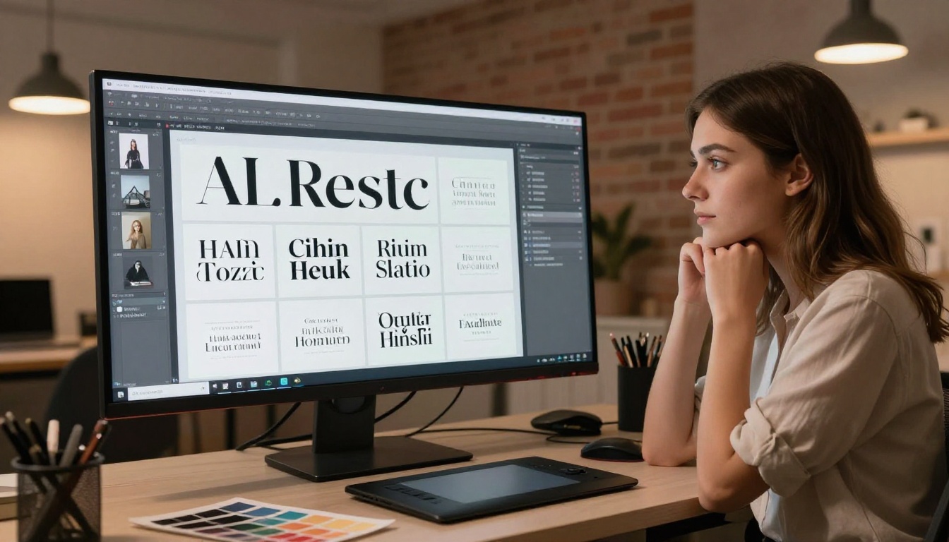 Female designer reviewing AI typography options on large widescreen monitor in studio