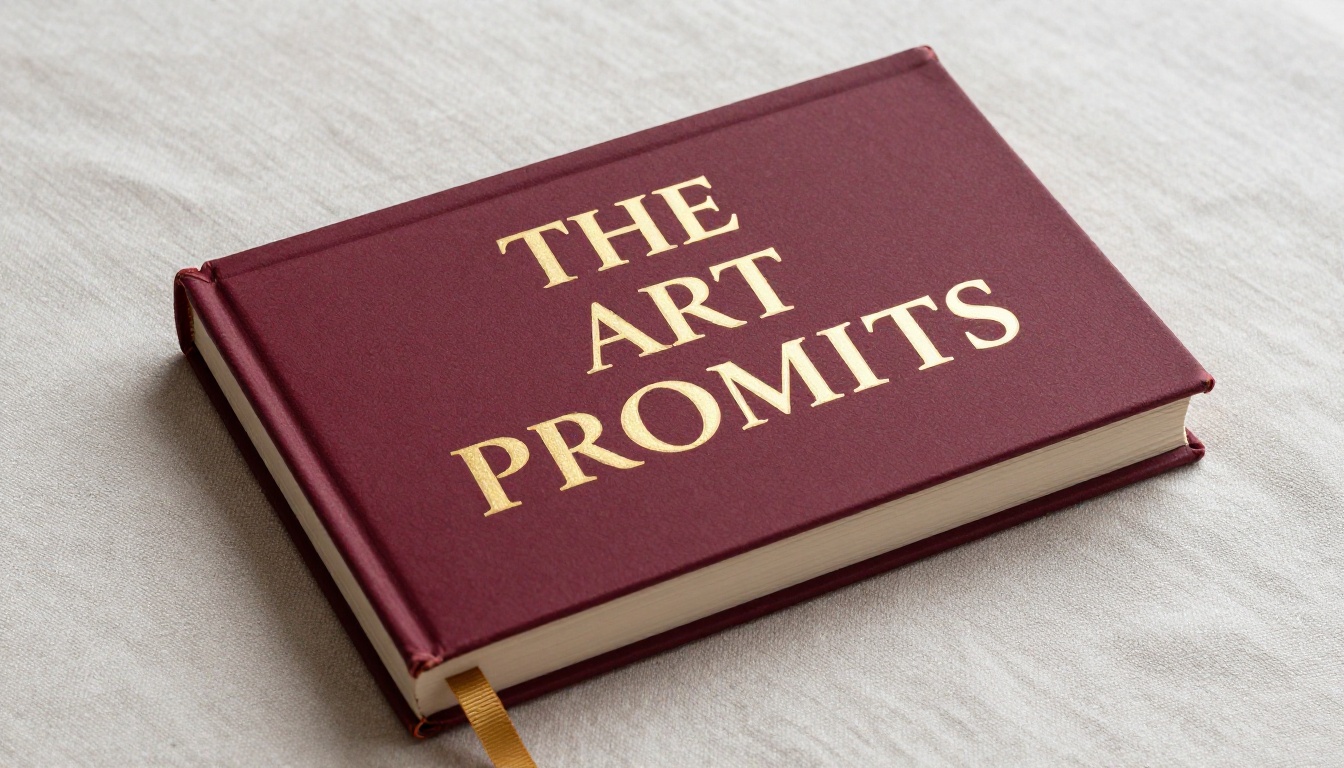 AI-generated book cover with gold embossed serif lettering on burgundy linen, overhead macro shot