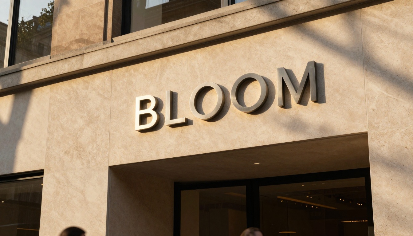Modern boutique storefront with clean brushed-metal serif letters mounted on pale stone facade, golden hour