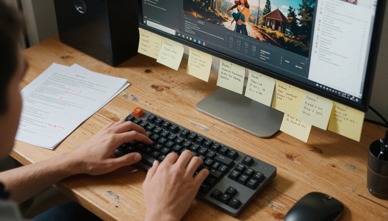 Creative workspace with AI image prompts being planned on paper