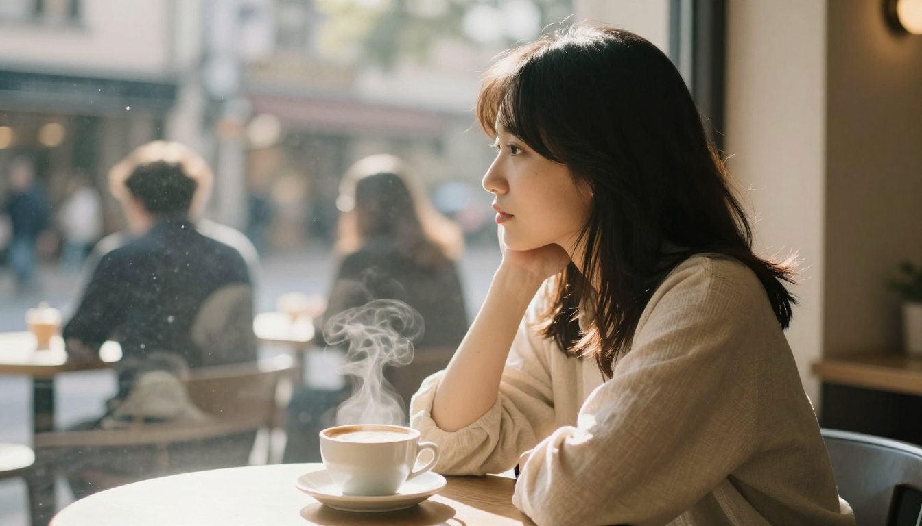 Woman in sunlit cafe window with morning diffused light, coffee in foreground