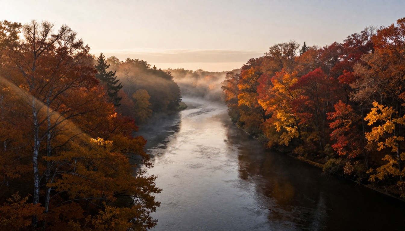 Aerial autumn forest river scene with morning mist at golden hour