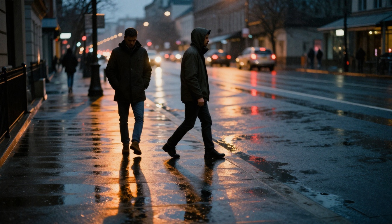Man on rain-slicked city street at dusk with puddle reflections