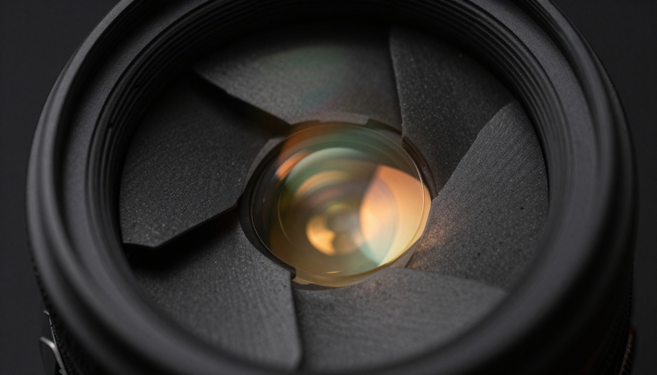 Camera lens aperture macro shot, metallic blade texture with studio light
