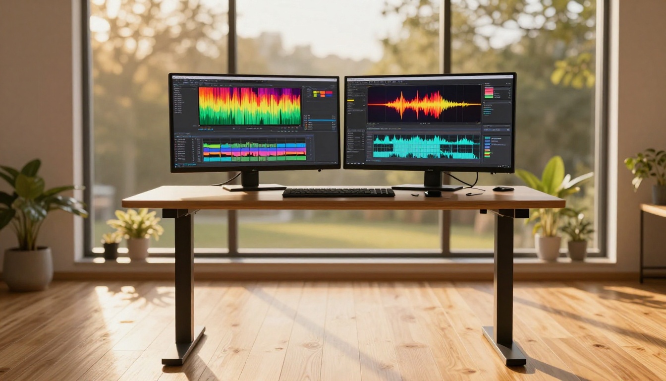 Content creator at dual monitor setup in warm afternoon studio light