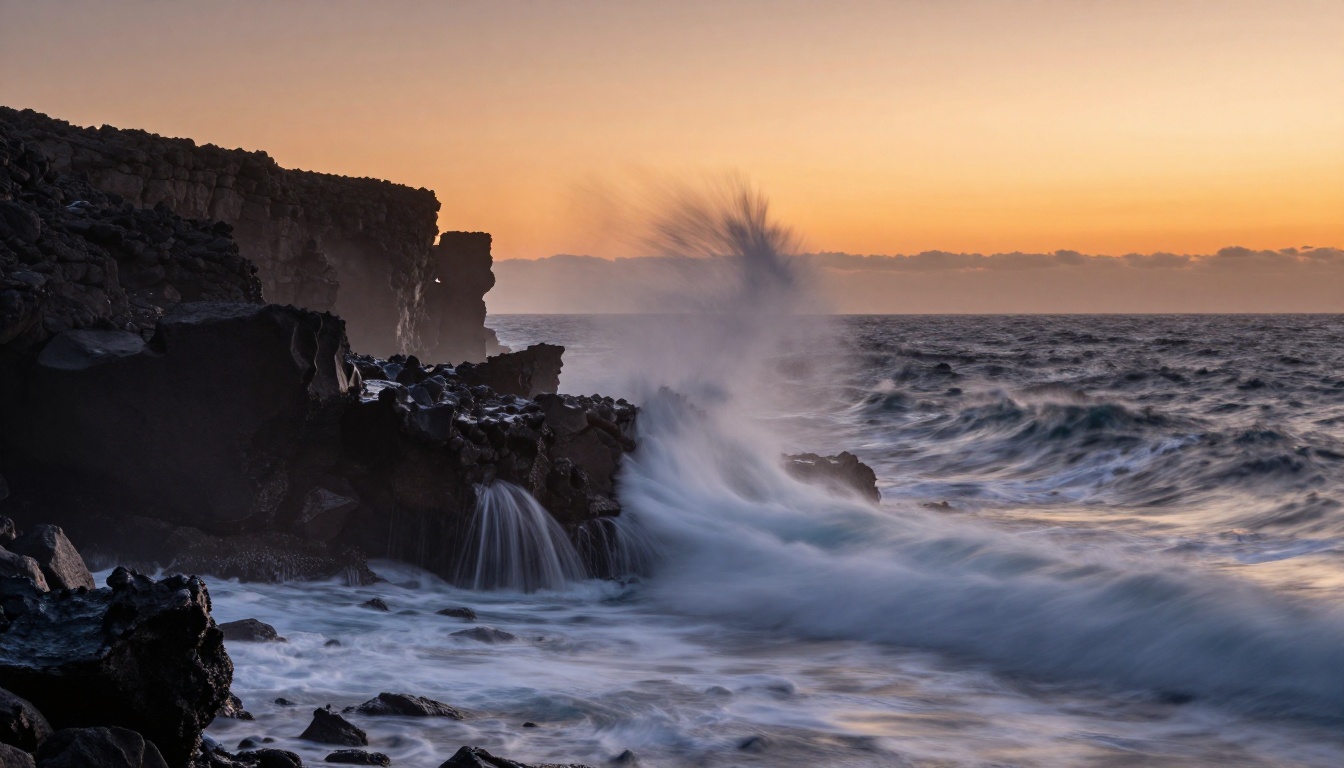 Coastal cliffside at blue hour with crashing waves and sea mist
