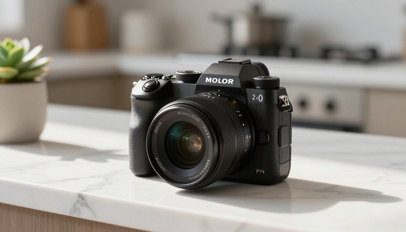 Mirrorless camera on marble counter with precise window light patch