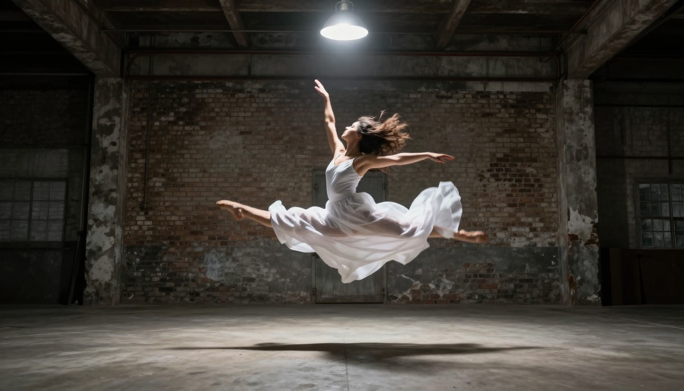 Dancer mid-leap in industrial warehouse, dramatic top-down lighting with shadow