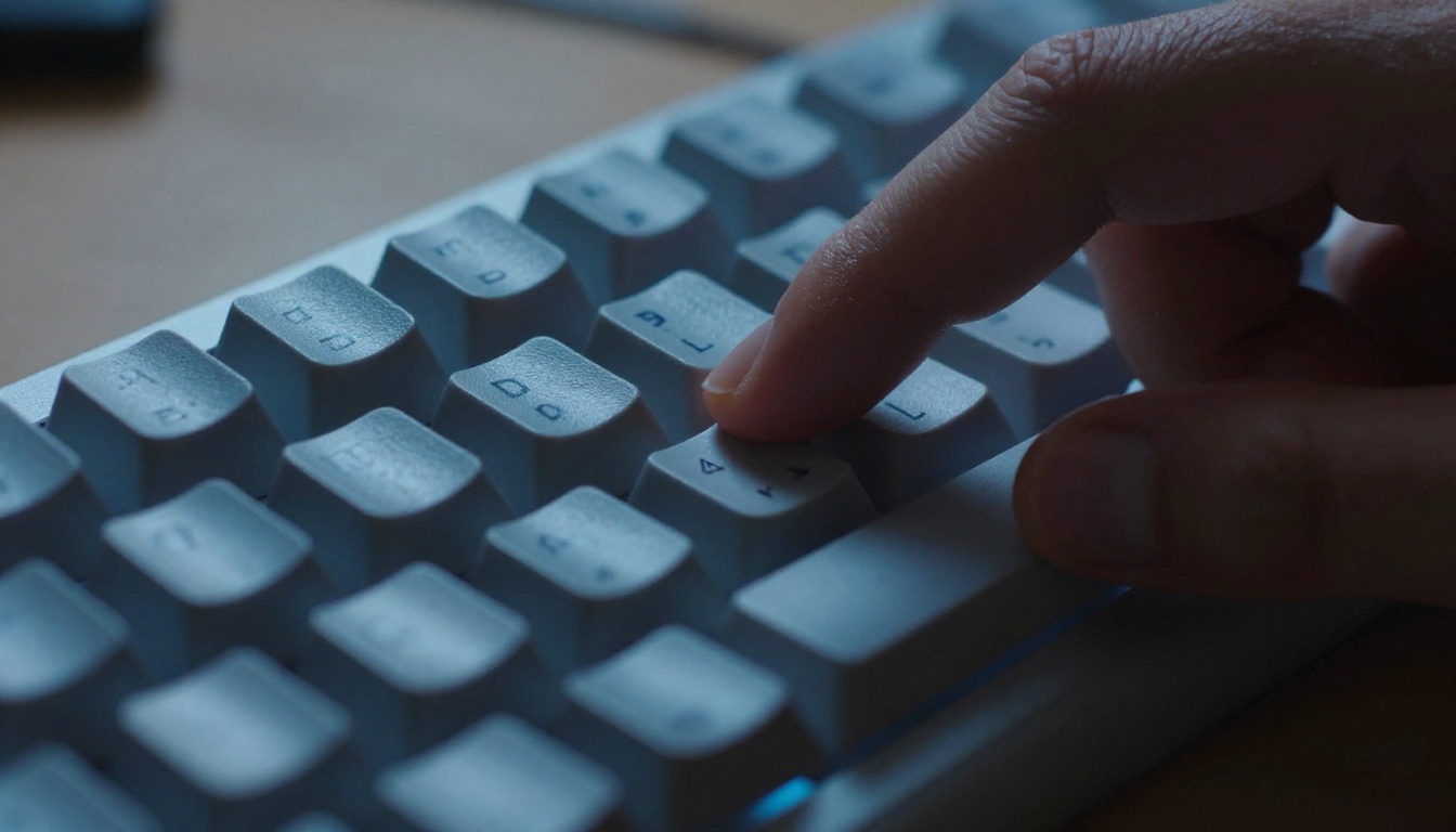 Fingertips on mechanical keyboard illuminated by monitor glow at night