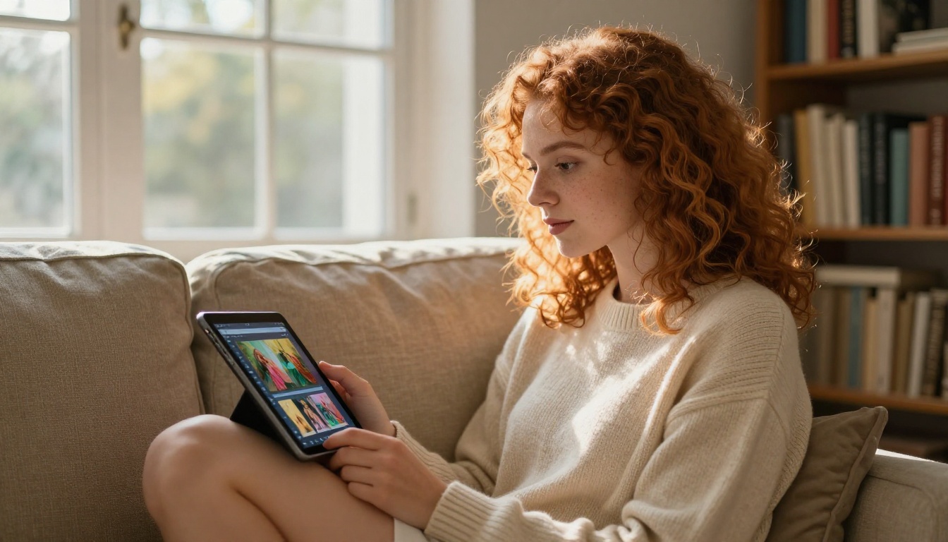 Person browsing AI generation results on a tablet in a comfortable home setting