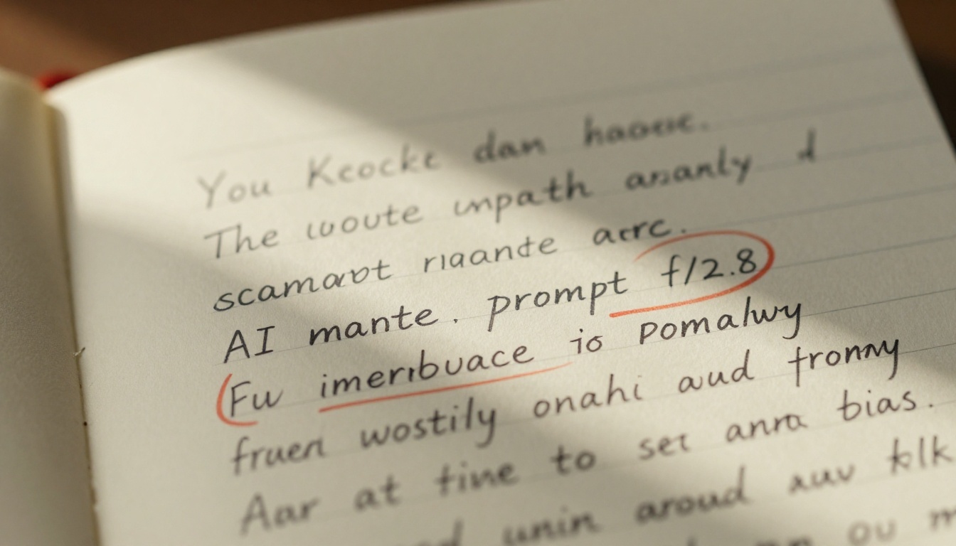 Handwritten AI image prompt notes with red pen annotations on notebook paper