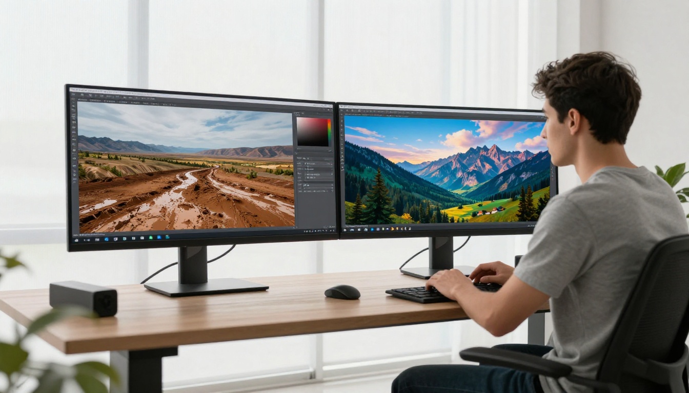 Graphic designer at standing desk comparing split-screen AI image results on dual monitors