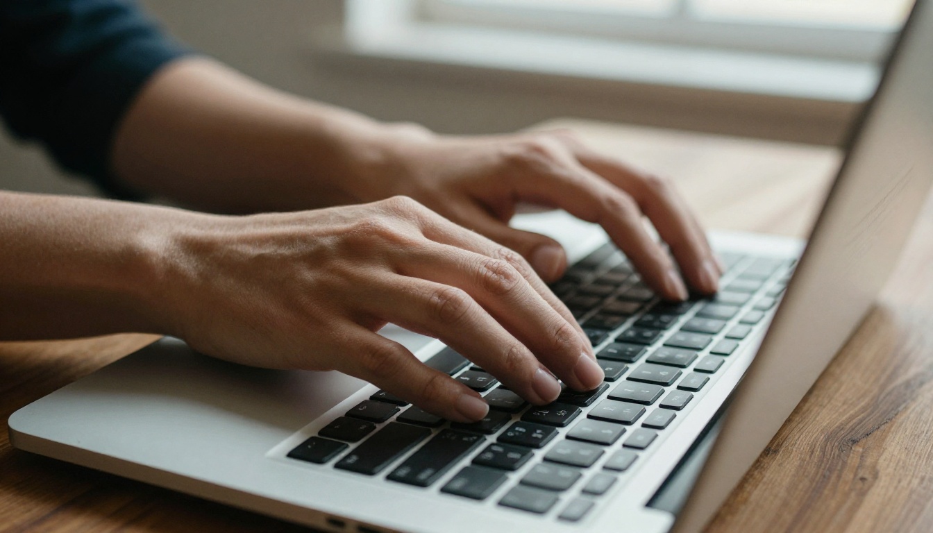 Close-up of hands typing AI image generation prompts on a laptop keyboard