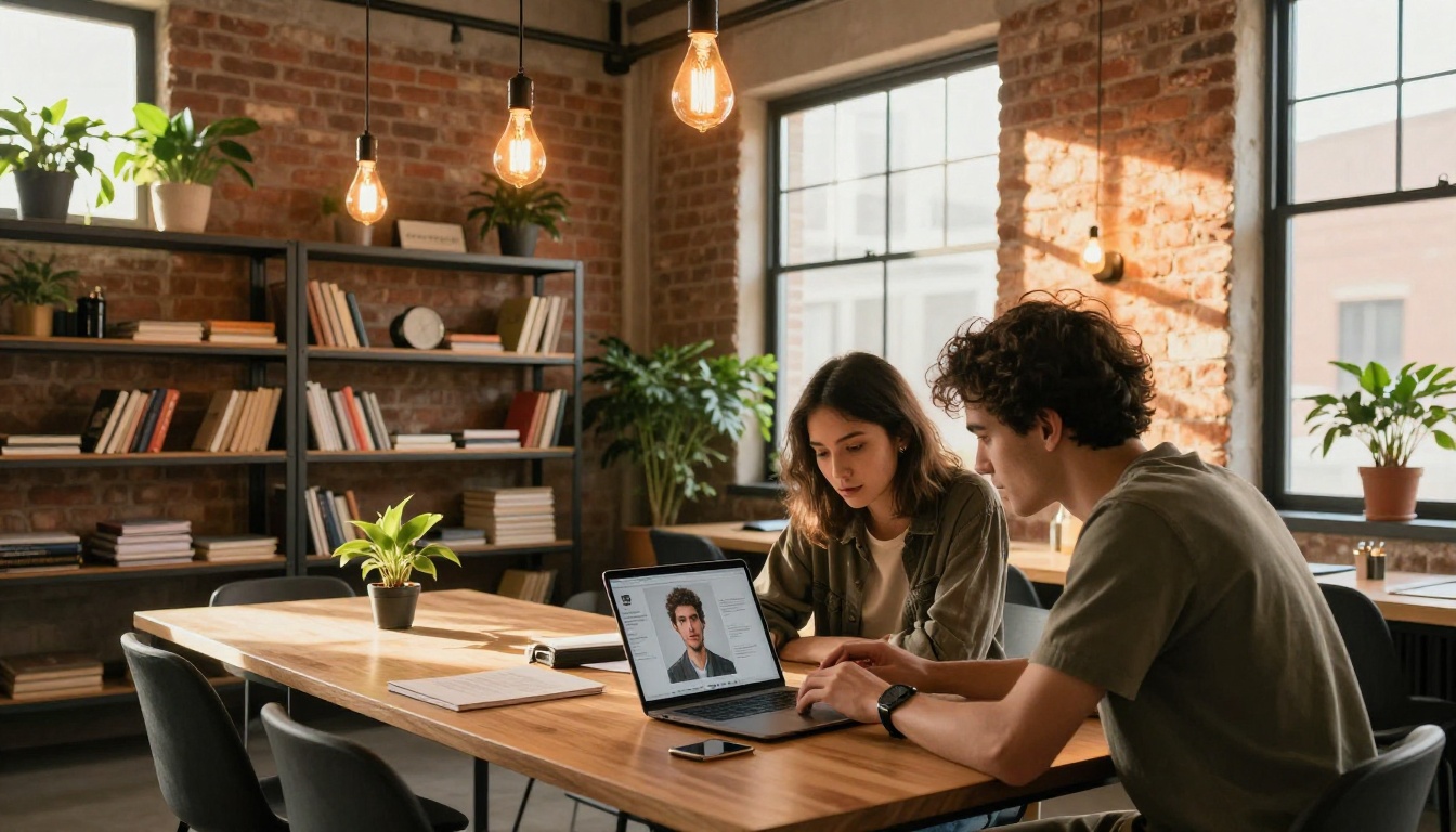 Two creatives in a warm co-working space reviewing AI-generated portraits on a laptop