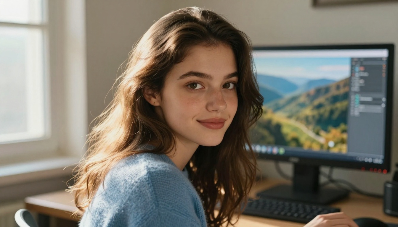 Young woman with confident expression in front of computer monitor showing a beautiful AI-generated landscape