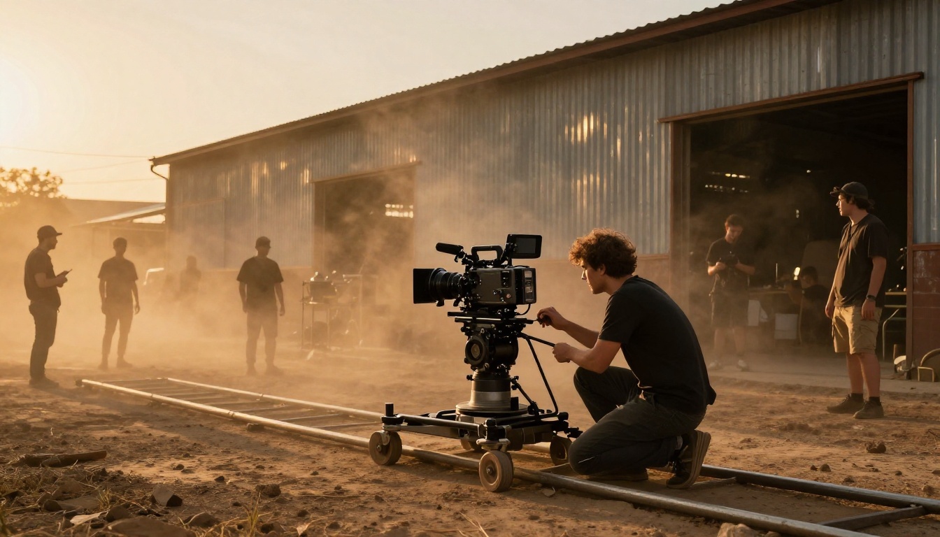 Wide aerial shot of a film production set at golden hour with crew members silhouetted