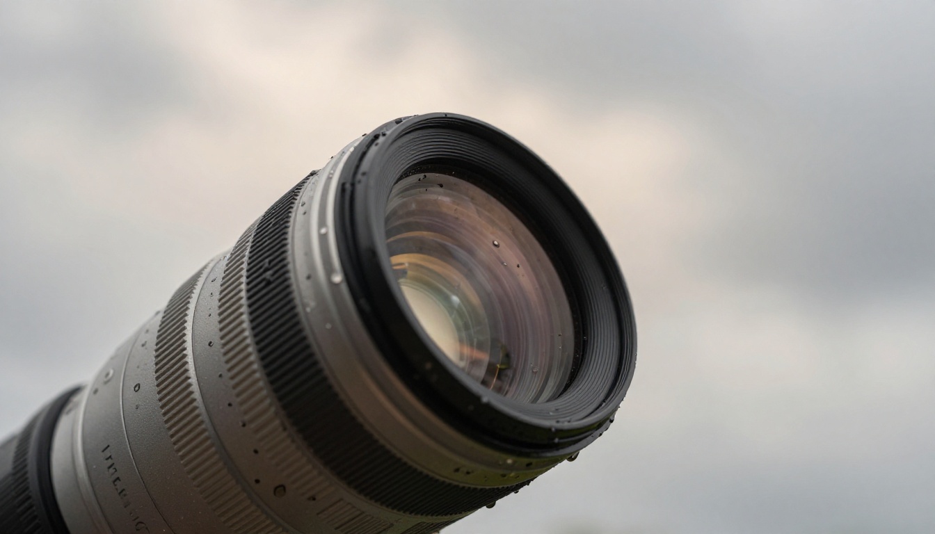 Close-up low-angle shot of a professional camera lens with rain drops on the glass element