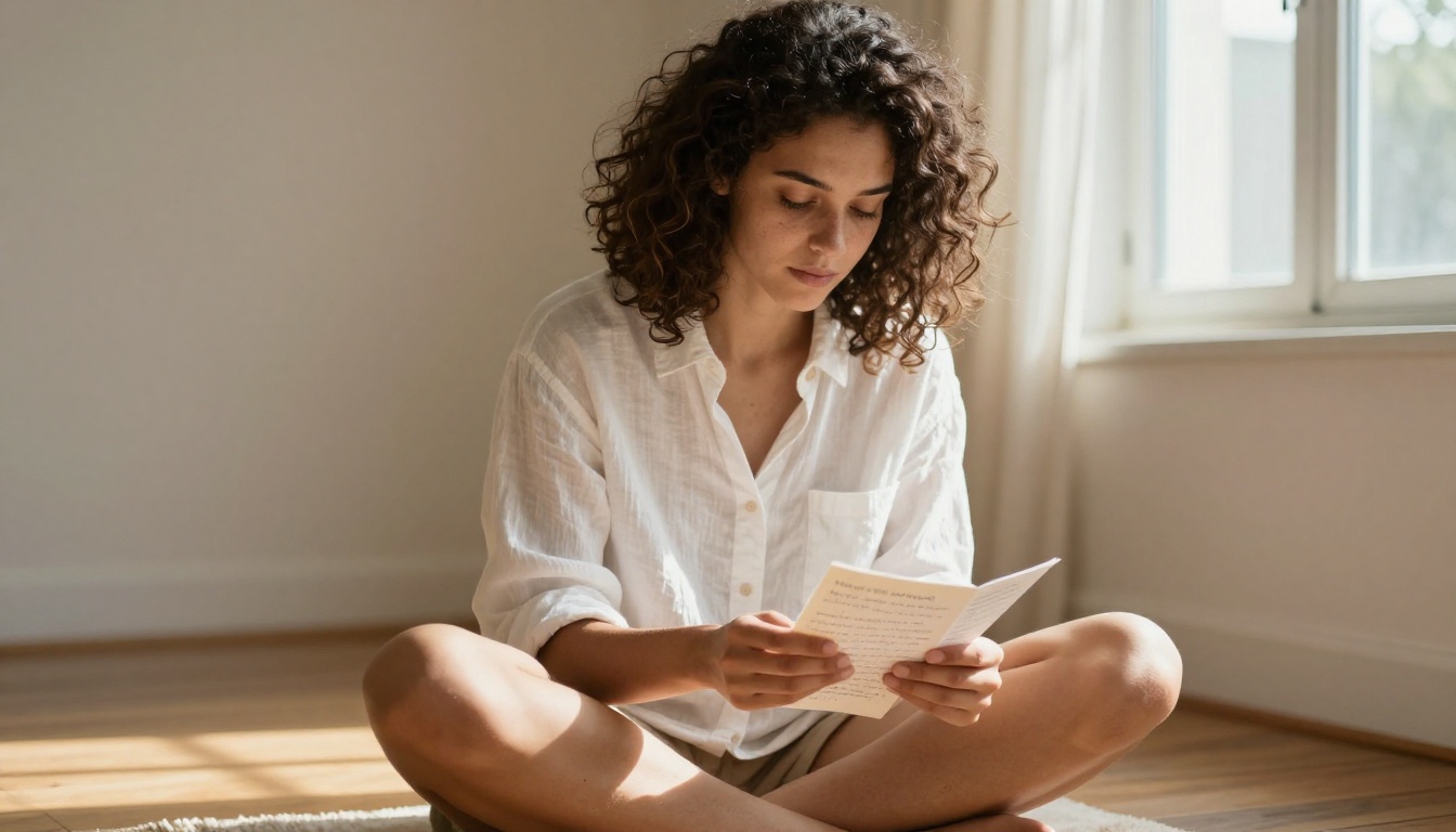 Person reviewing handwritten prompt notes on index cards in warm window light