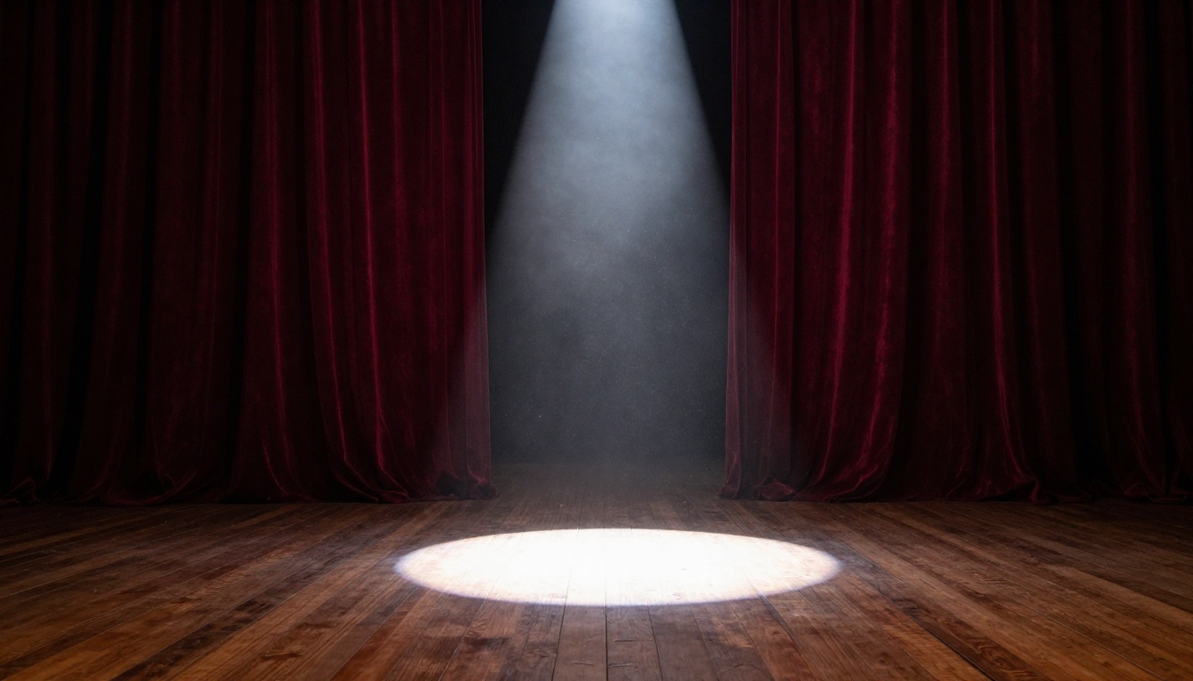 Empty theater stage with dramatic single spotlight creating a cone of light on worn wooden floorboards