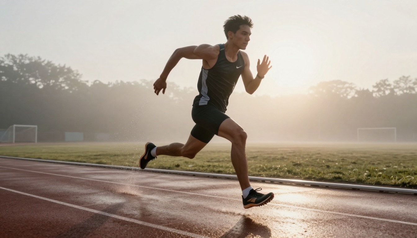 Male sprinter captured mid-stride on a wet track at dawn with rim light and motion blur on limbs