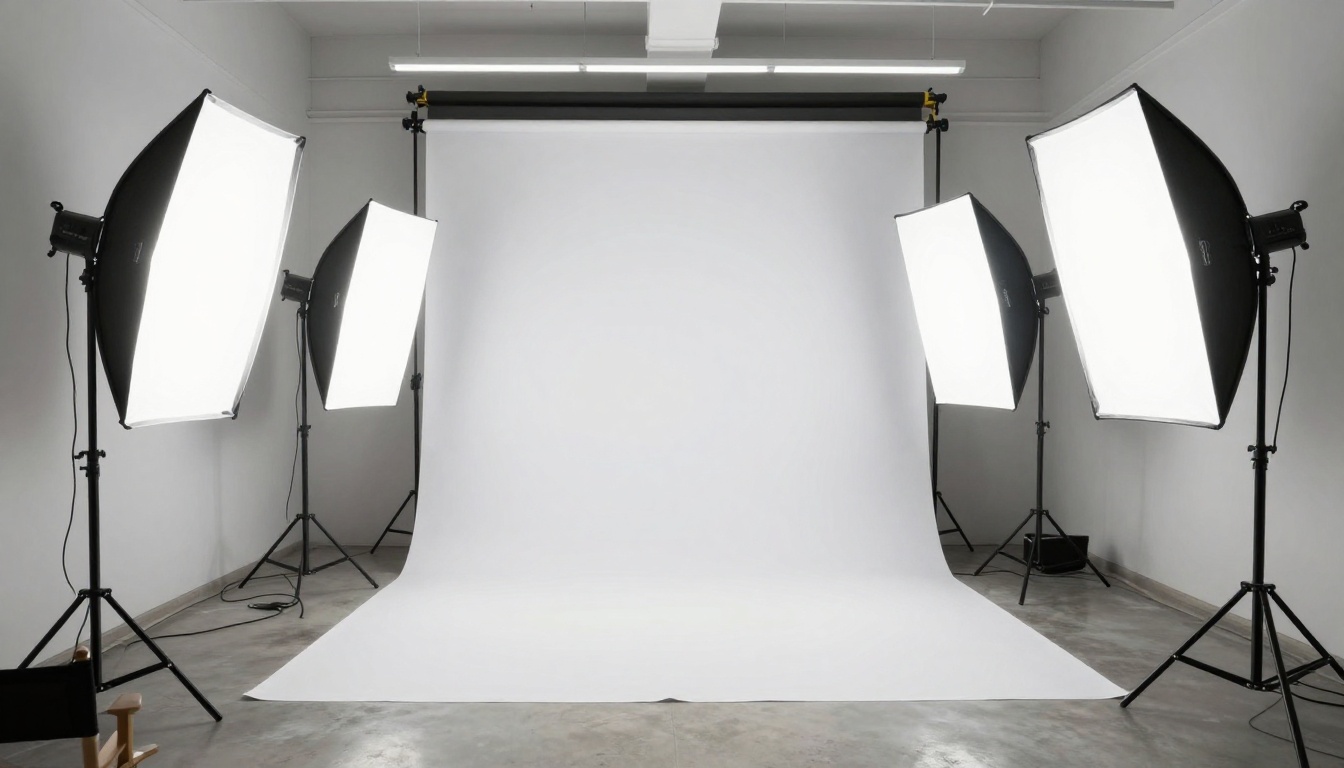 Photography studio interior with three professional softbox lights on white seamless backdrop
