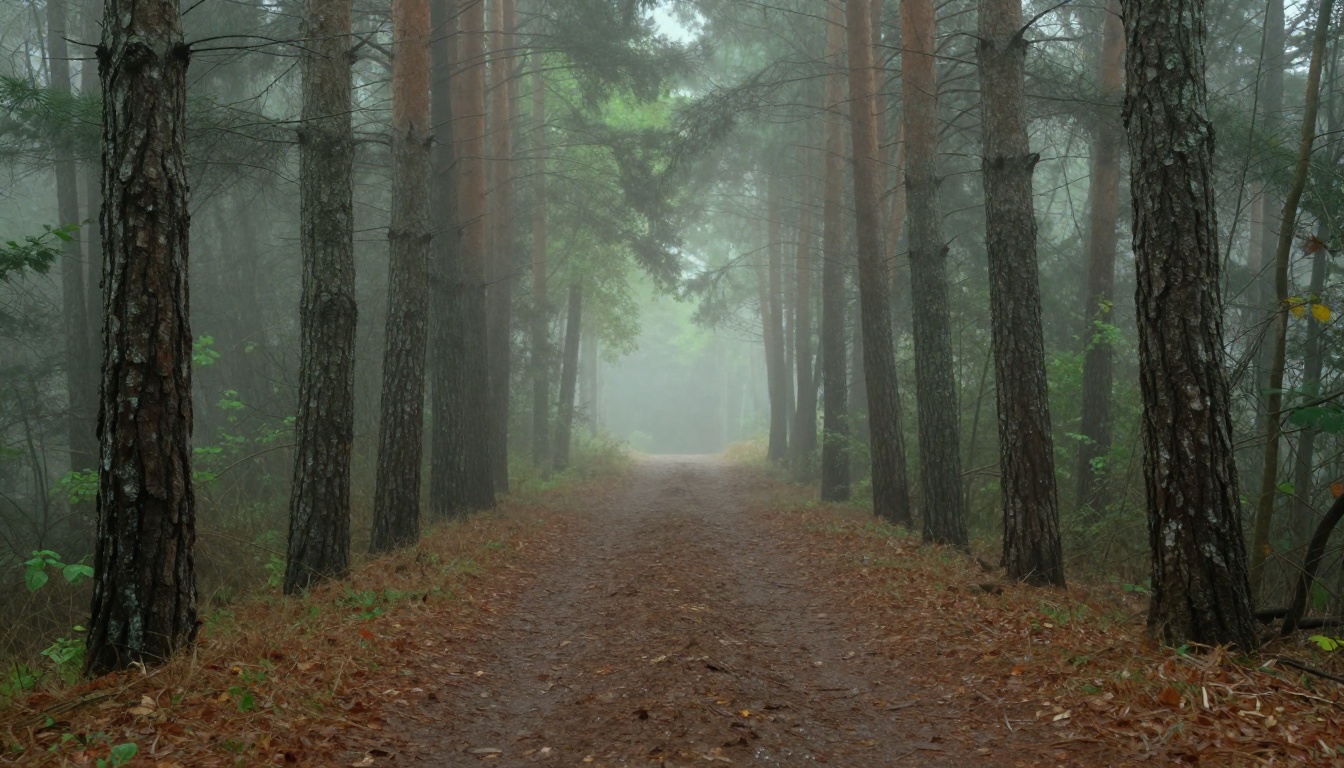 Dense misty forest path at dawn with pine trees and fog diffusing soft morning light