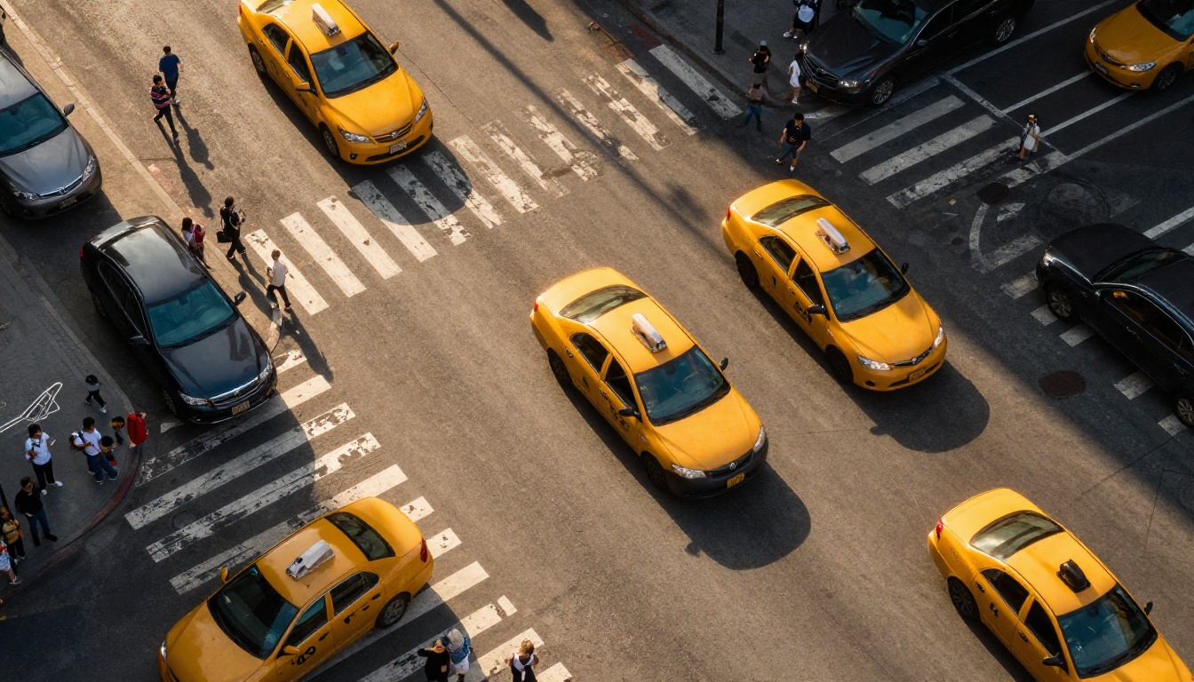 Overhead bird's-eye view of a busy city crosswalk with pedestrians casting long afternoon shadows