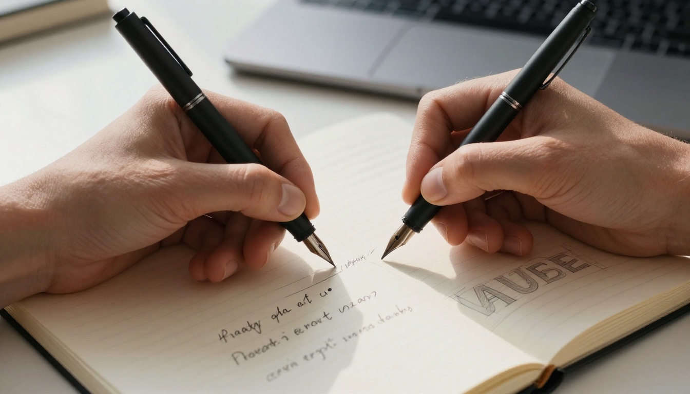 Designer's hands writing AI prompts for logo design in a Moleskine notebook