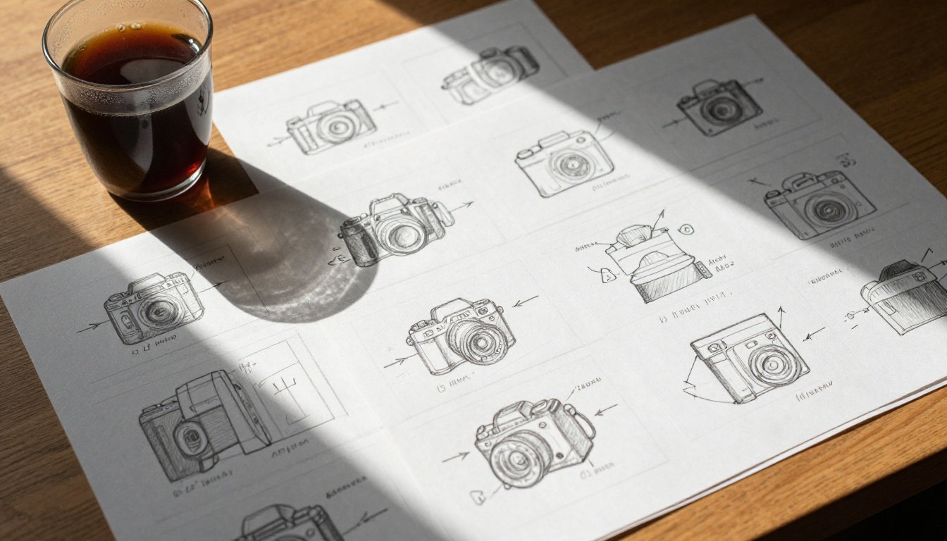 Storyboard sketches arranged on wooden desk with handwritten camera angles and a coffee cup