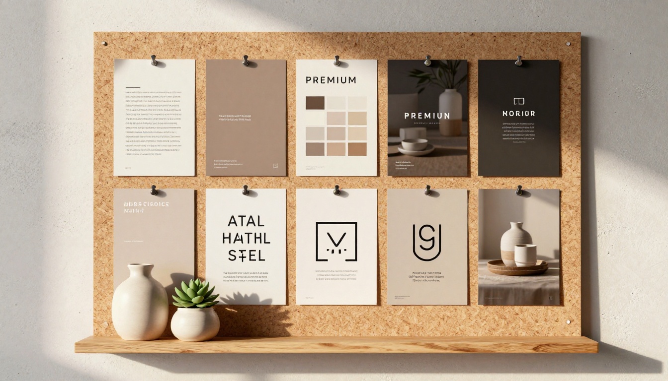 Brand mood board with typography samples and color swatches pinned to cork board