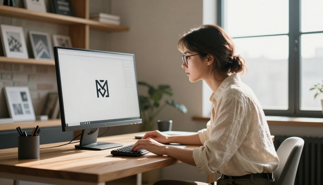 Female brand strategist reviewing logo identity system on wide monitor
