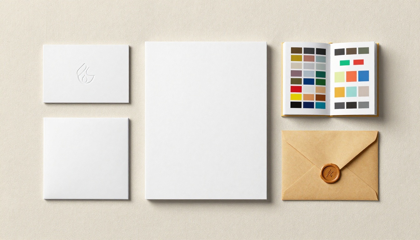 Complete brand identity package flat lay arranged on cream cotton surface