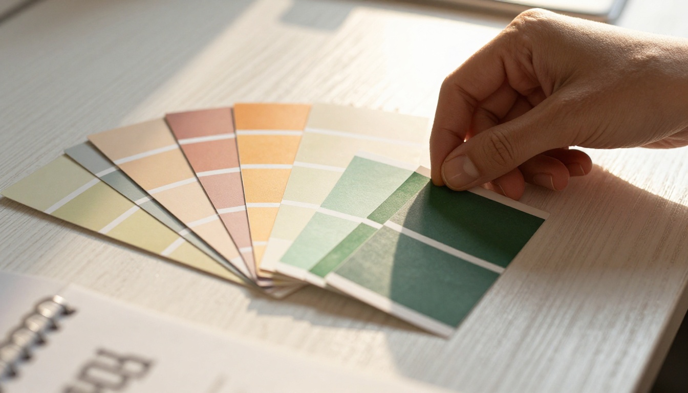 Designer's hands arranging Pantone color chip cards under warm afternoon light