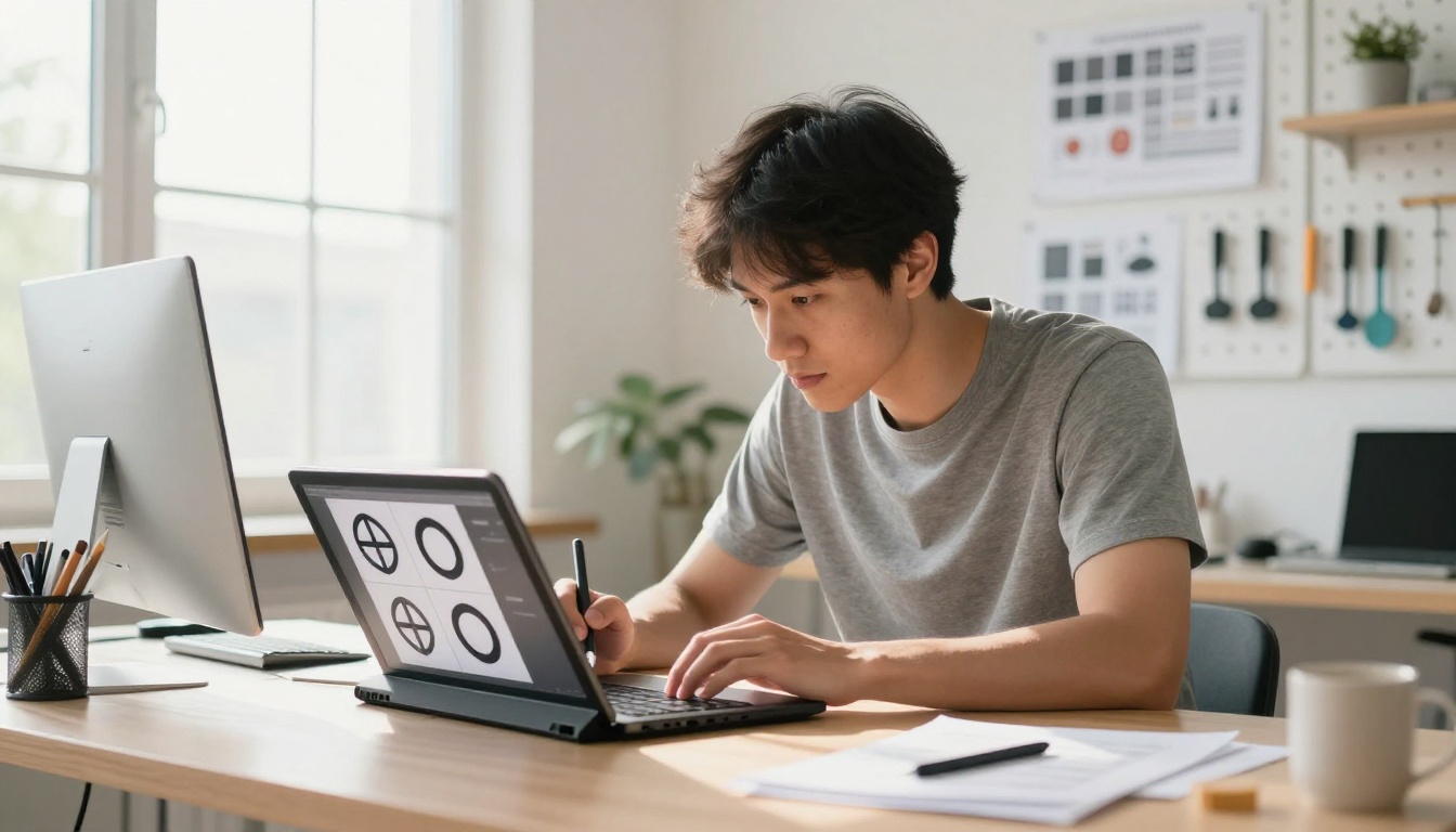 Male graphic designer working on logo mark iterations on a drawing tablet