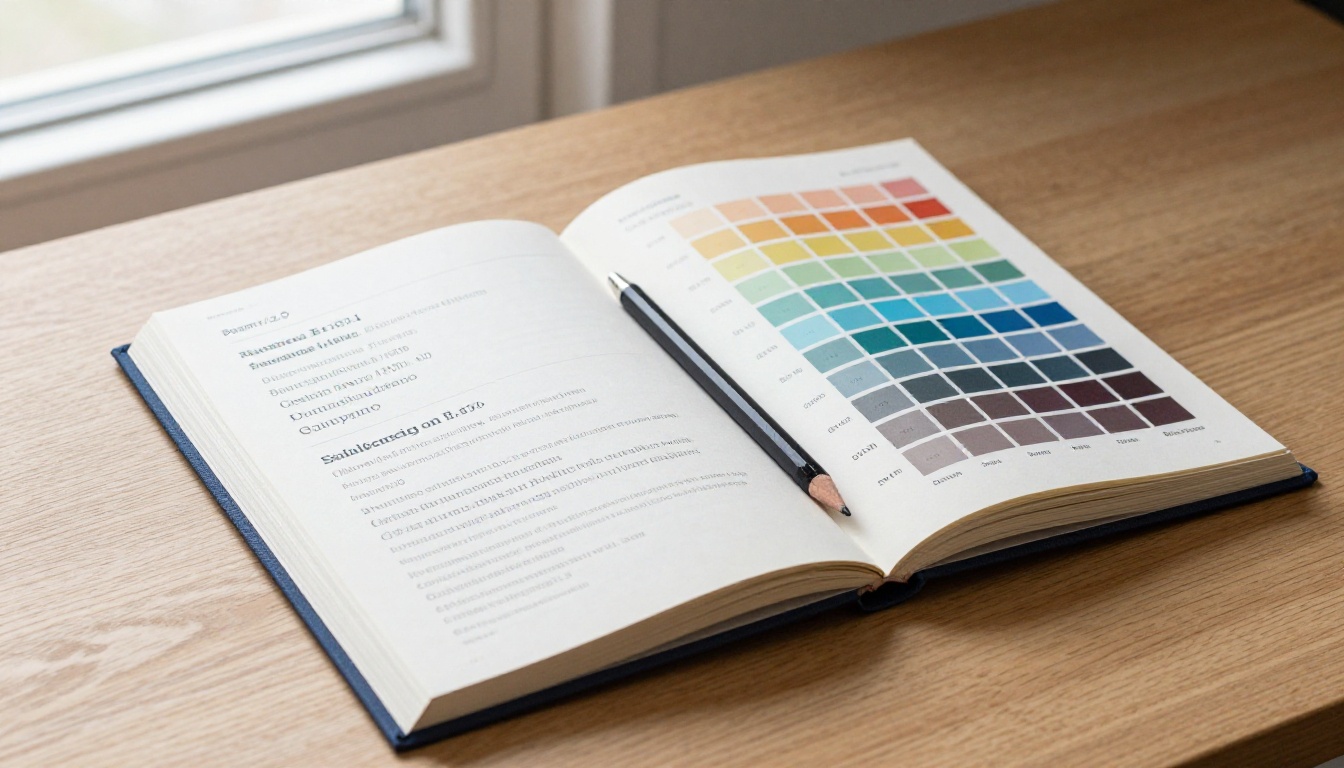 Brand guidelines document open on oak table showing typography and color system