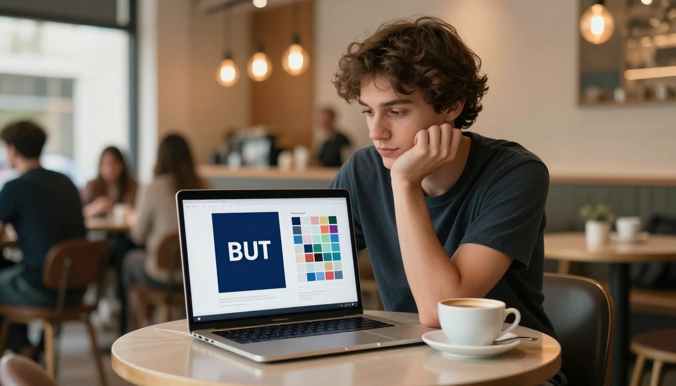 Startup founder reviewing brand identity presentation on laptop in a coffee shop