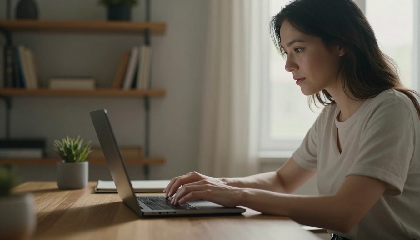 Woman working at laptop in warm home office light