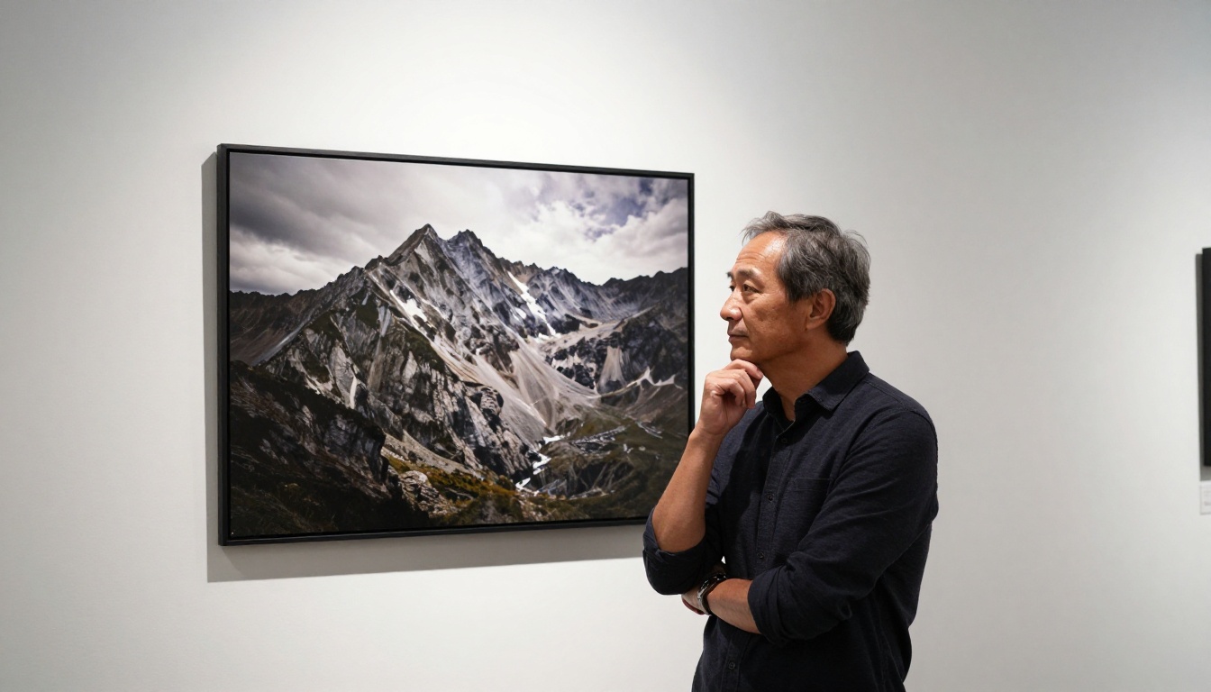 Photographer studying a large printed photograph at gallery