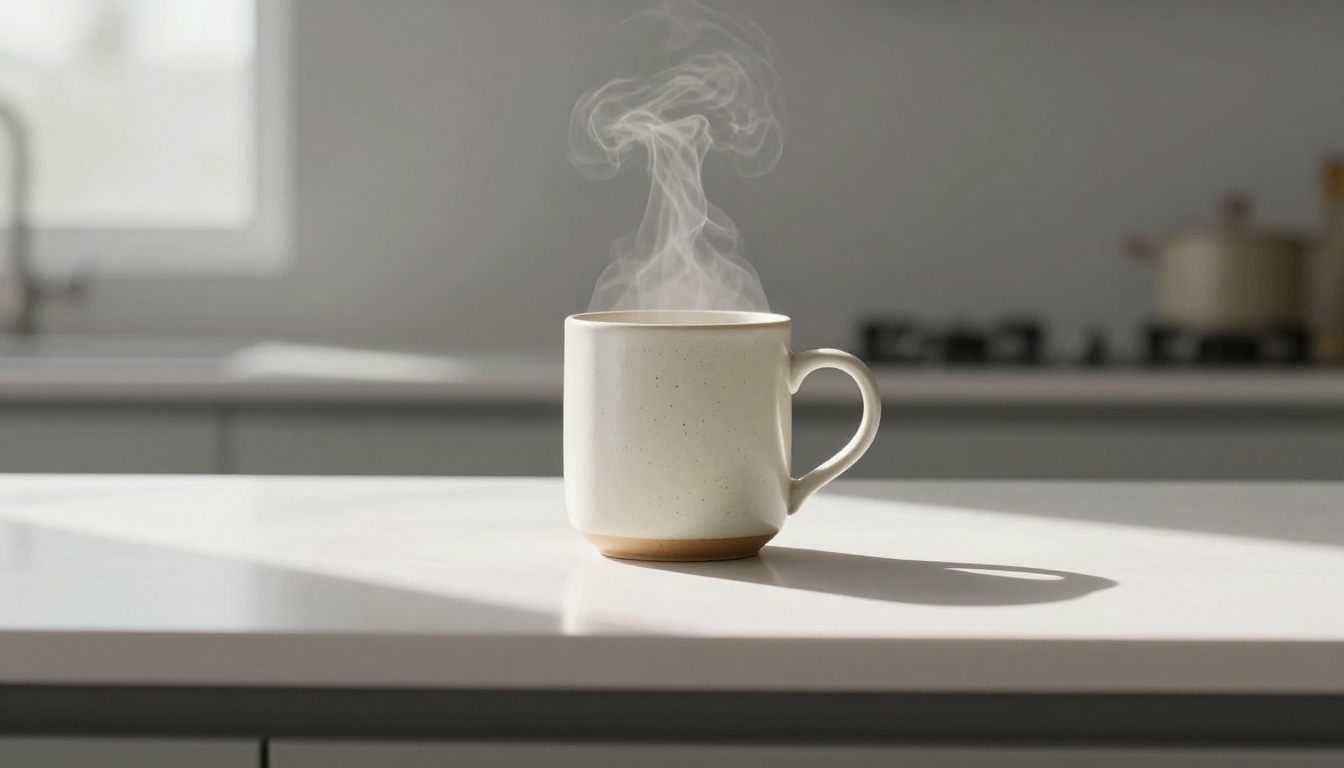Ceramic coffee mug on minimal surface with long morning shadow