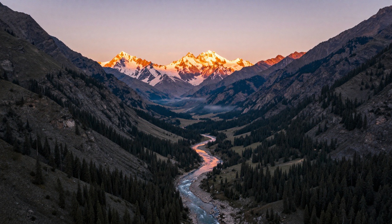 Aerial alpine valley at golden hour with winding river