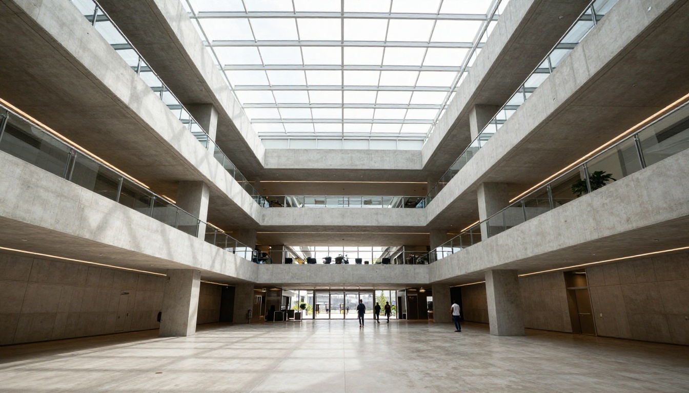 Low-angle view of modern office atrium with skylight