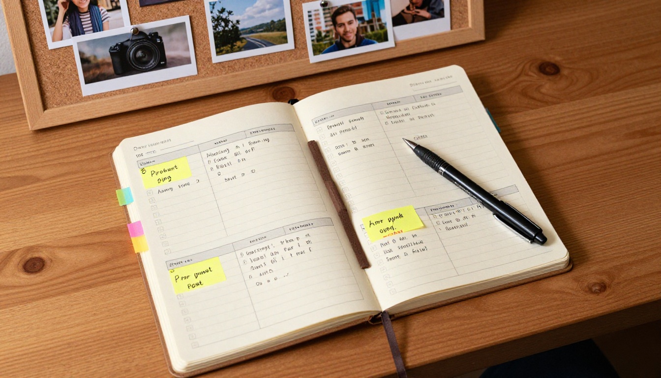 Notebook open with organized handwritten prompt template sections