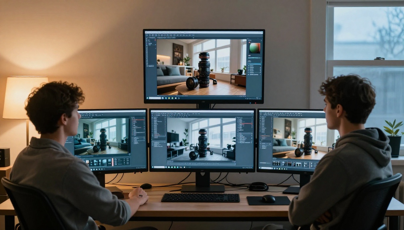 Home studio with three monitors showing AI-generated image variations