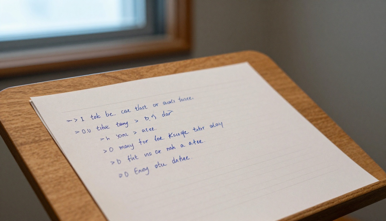 Voice-over script with handwritten directional notes resting on a music stand in a recording booth