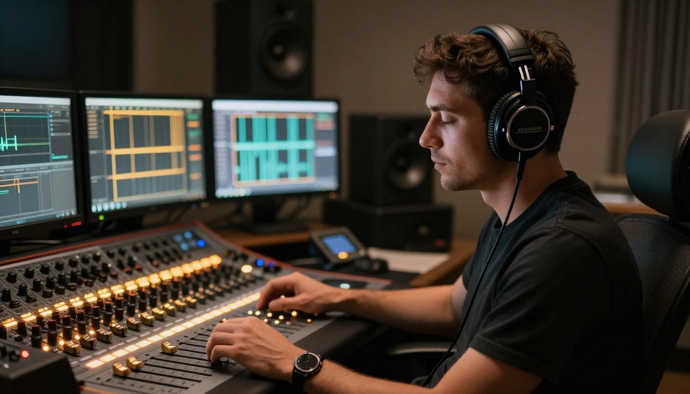 Audio engineer in deep concentration, eyes closed, wearing closed-back studio headphones in front of a mixing console