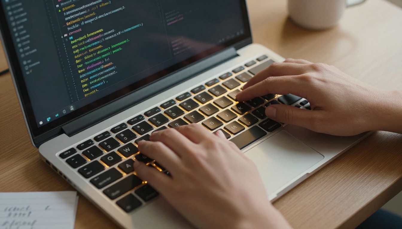 Close-up of hands typing a prompt on a keyboard with warm natural side lighting