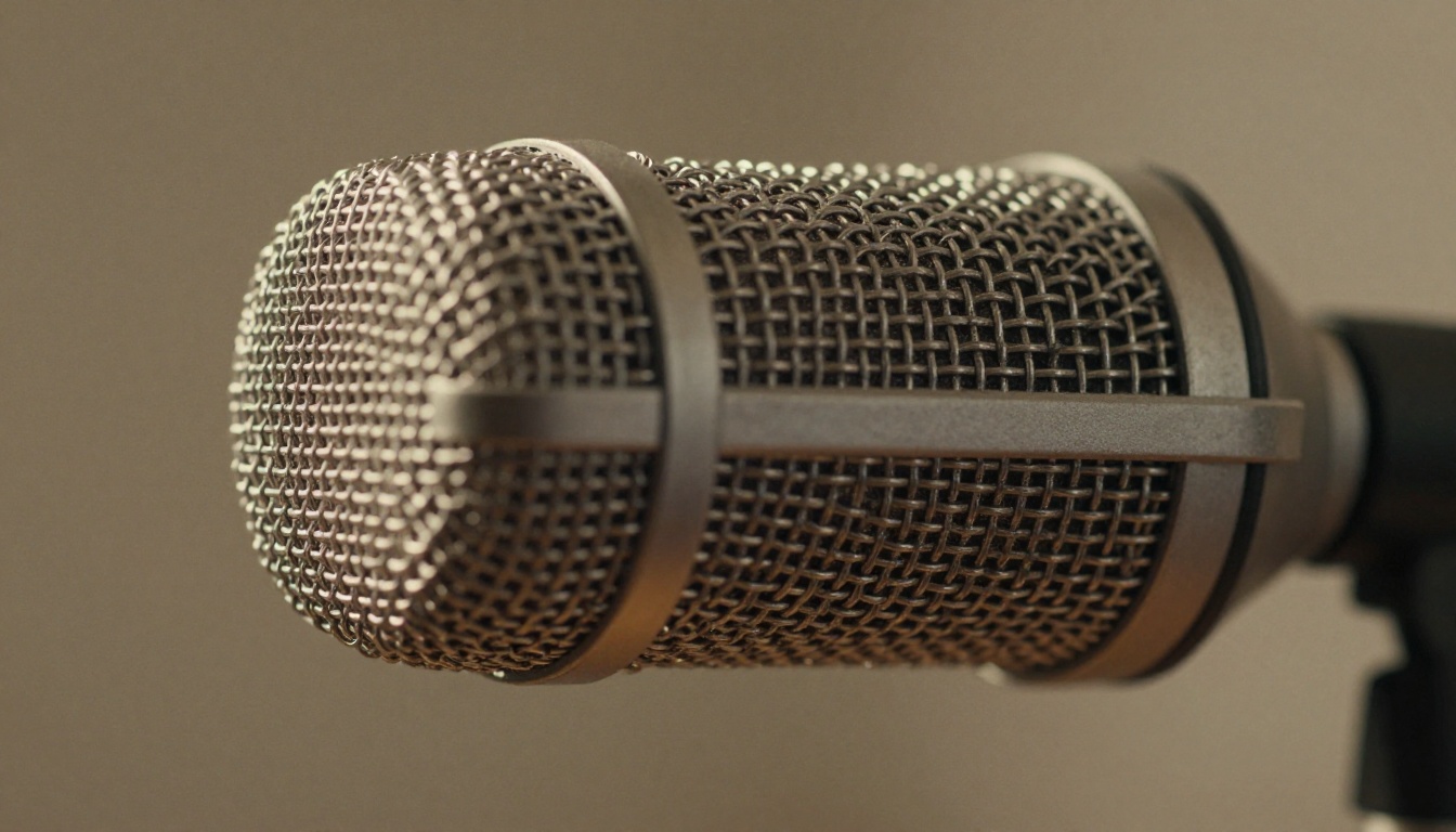 Macro close-up of a condenser microphone capsule, silver metallic mesh catching warm specular highlights