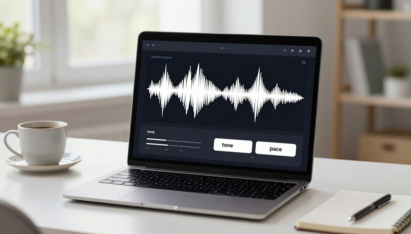AI text-to-speech software interface on a laptop sitting on a white desk with natural window daylight