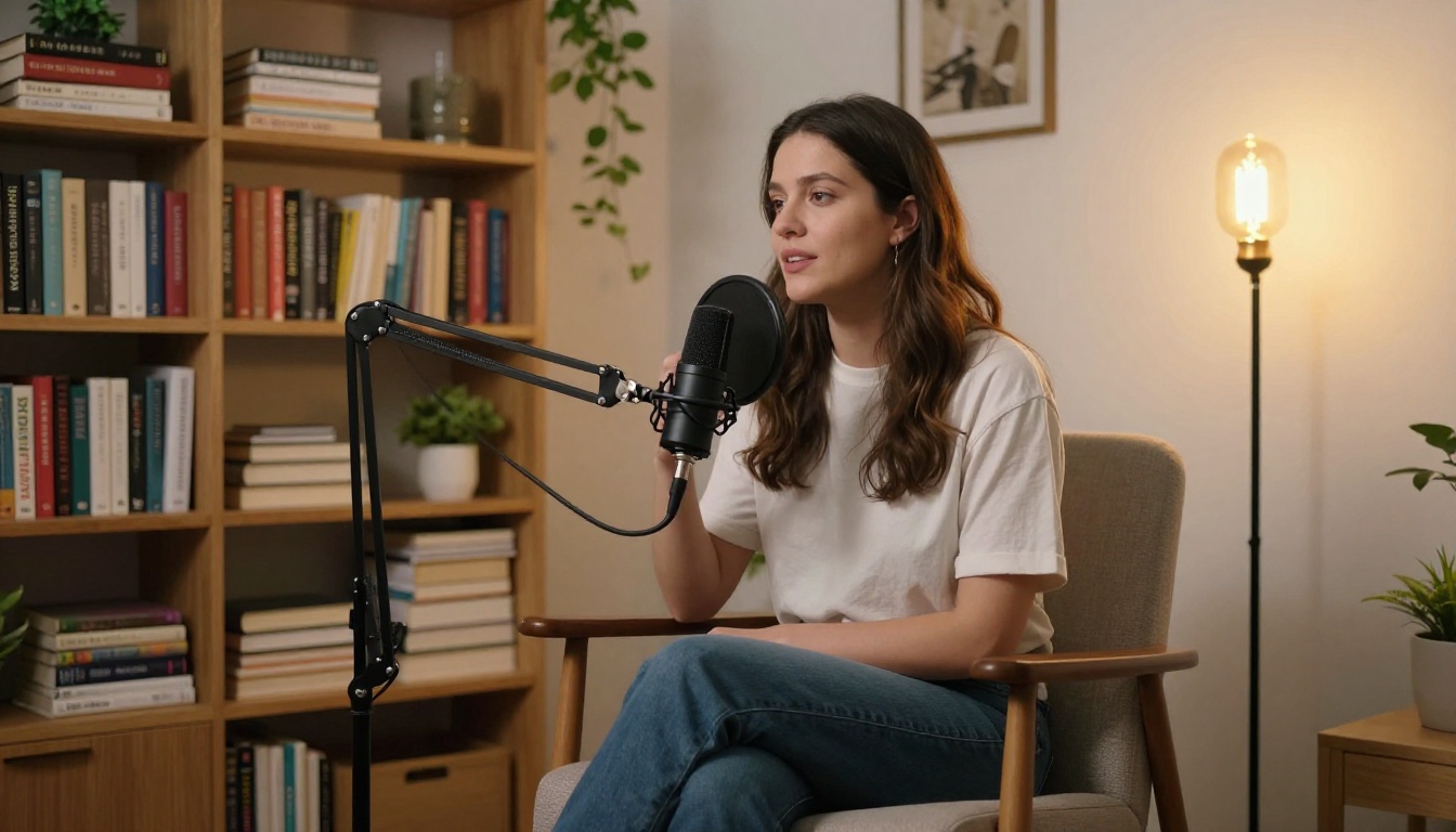 A woman recording a podcast in a cozy home studio surrounded by warm bookshelves and Edison bulb light