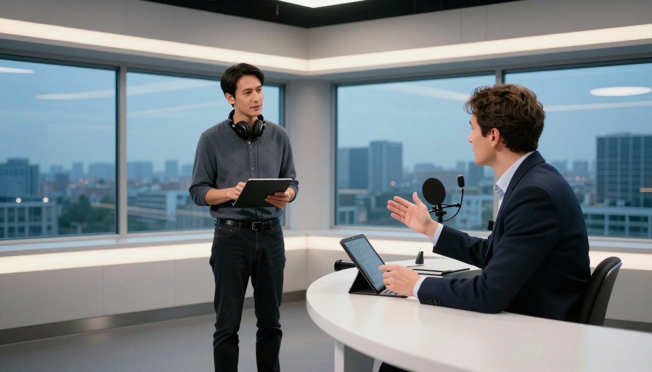 Two voice acting professionals reviewing a script together in a modern glass-walled broadcast studio